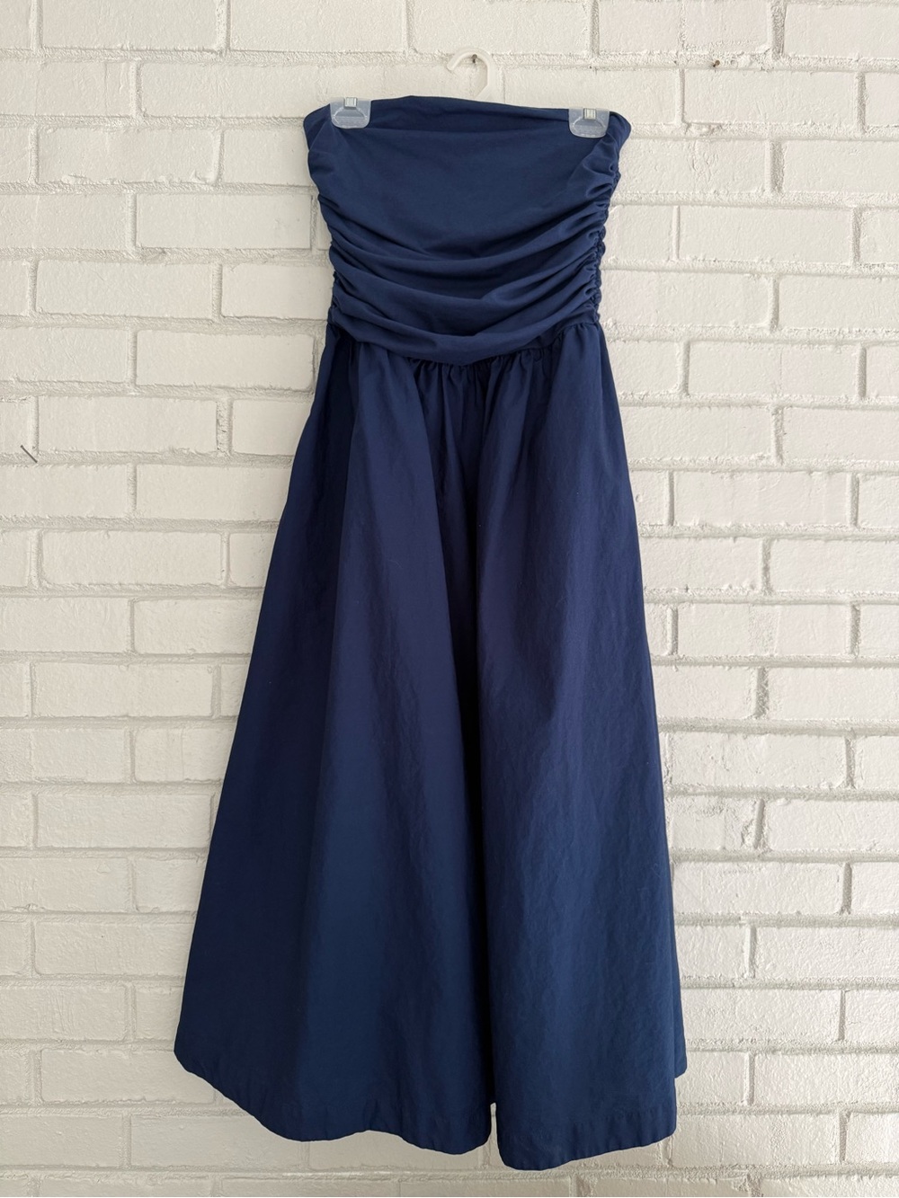 LOFT Navy Strapless Poplin Mixed Media Pocket Dress - Midi Length, Size Medium - Picture 3 of 6
